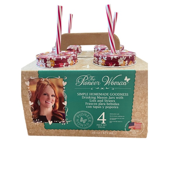 The Pioneer Woman Drinking Mason jars with lids and straws NWOT set of 4 - Picture 3 of 4